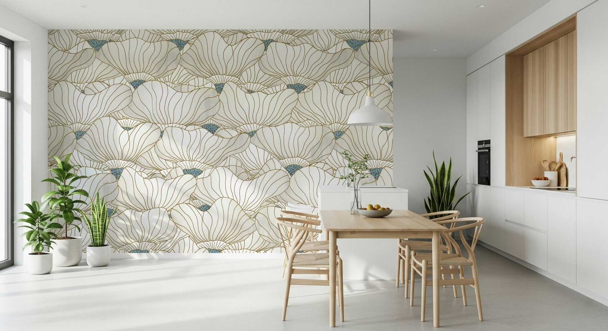Dusty White Botanical Bloom Waves Wall Mural accents a luxurious bedroom.