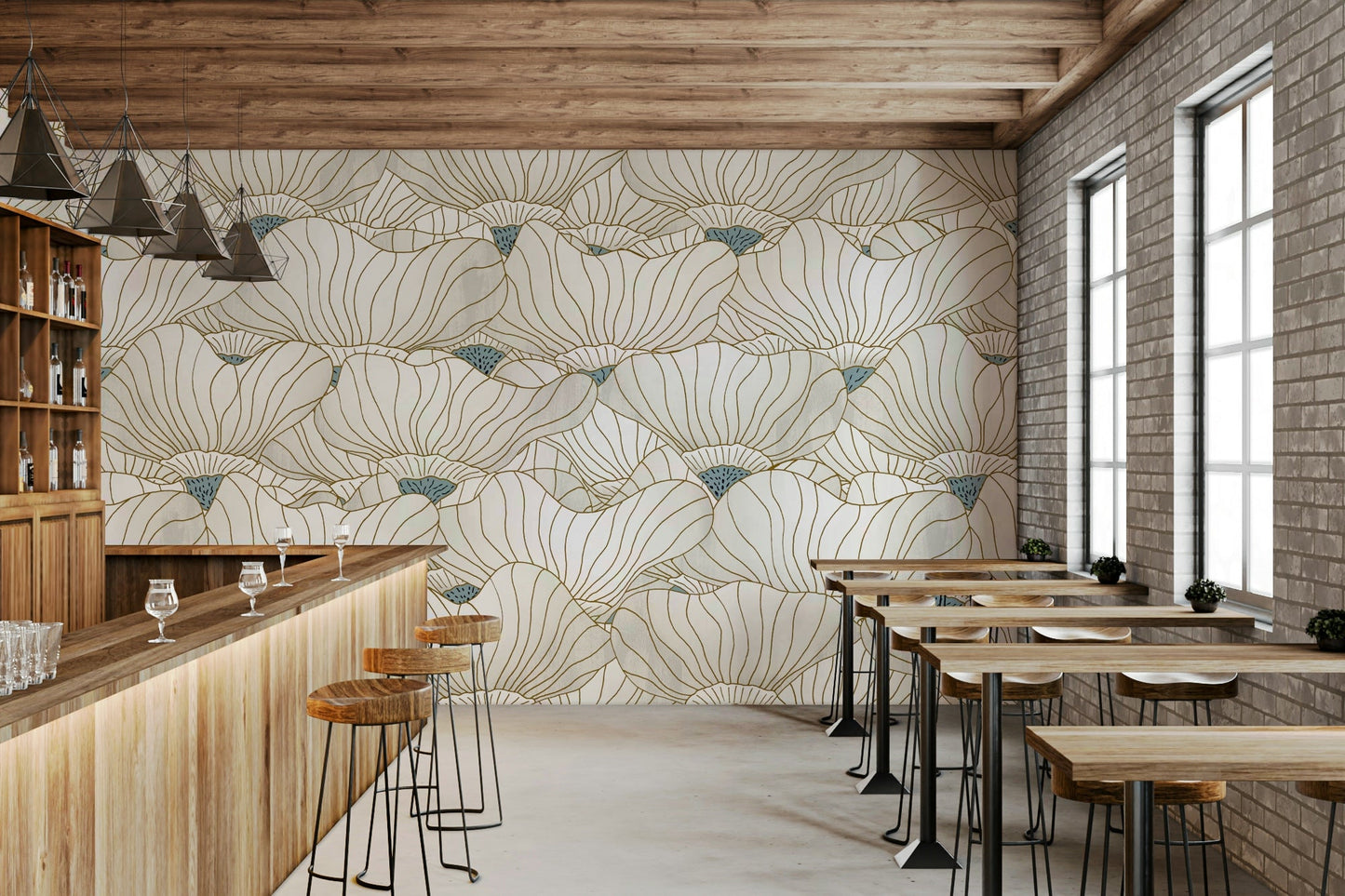 Feature wall showing the layered soft white Bloom Waves pattern.