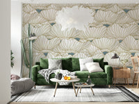 Dusty White Botanical Bloom Waves peel and stick wallpaper applied easily.