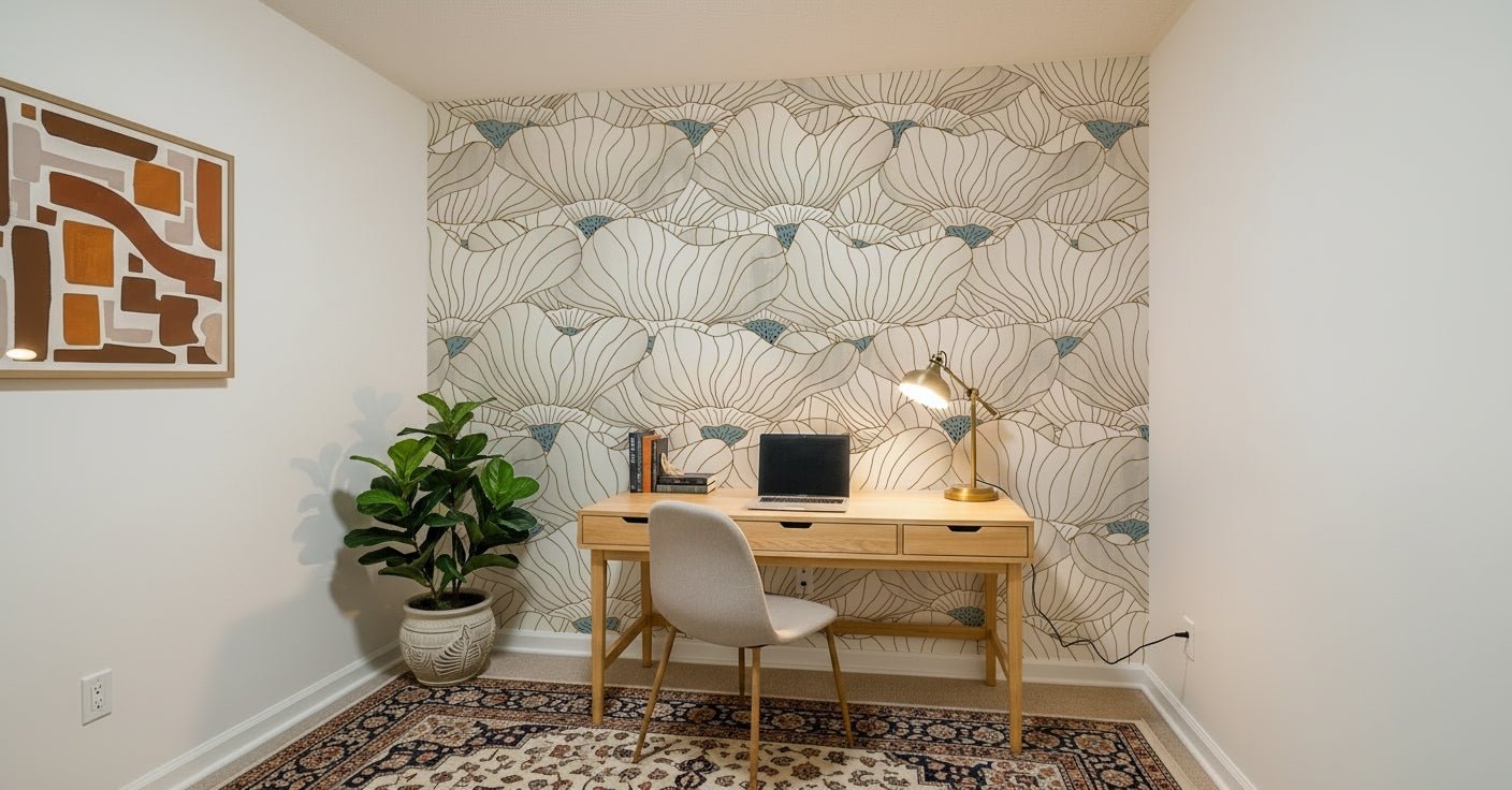 Home reading nook with the calming Bloom Waves Mural design.