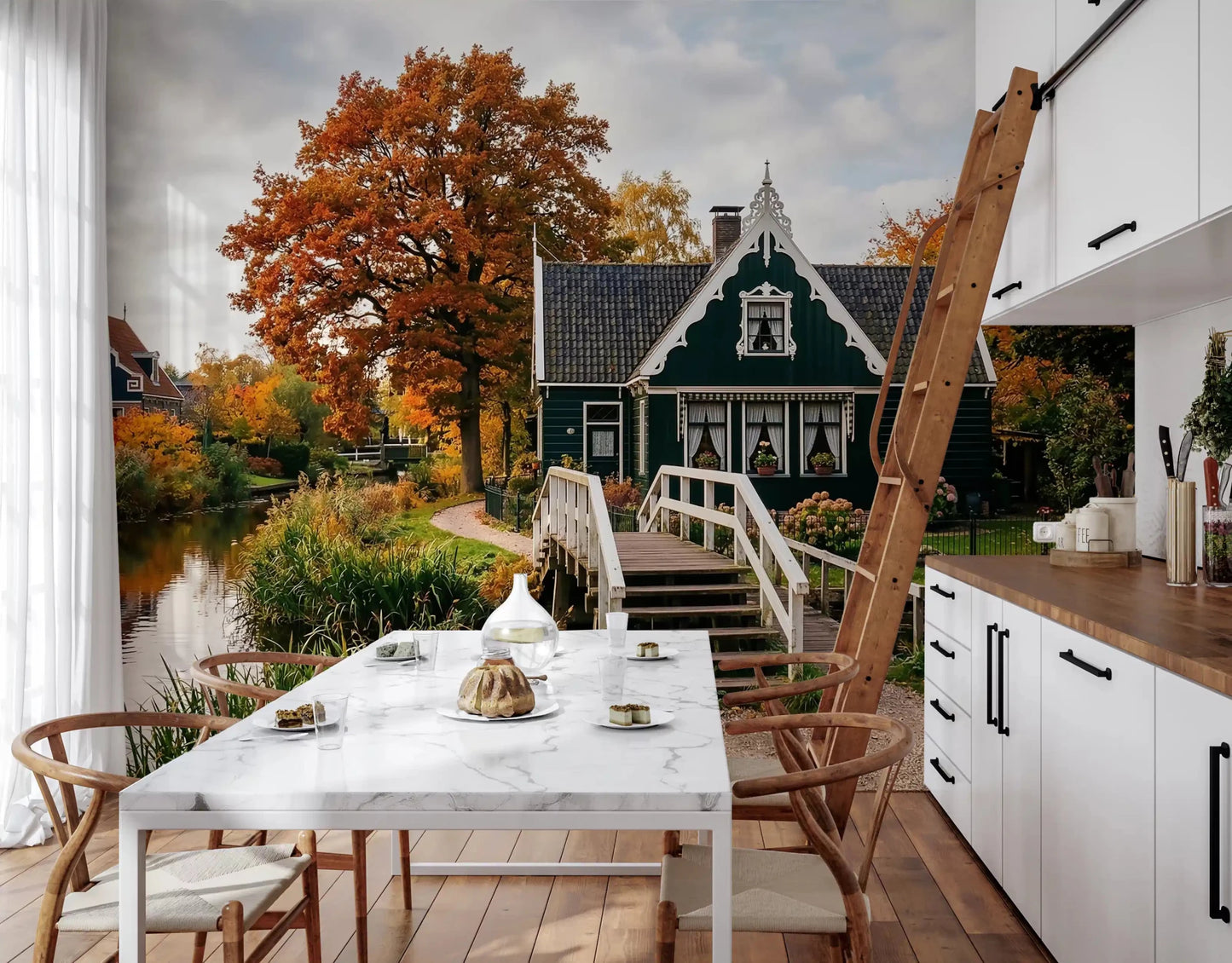 Kitchen styled in Dutch Autumn Canal Charm Wall Mural housesGD9202