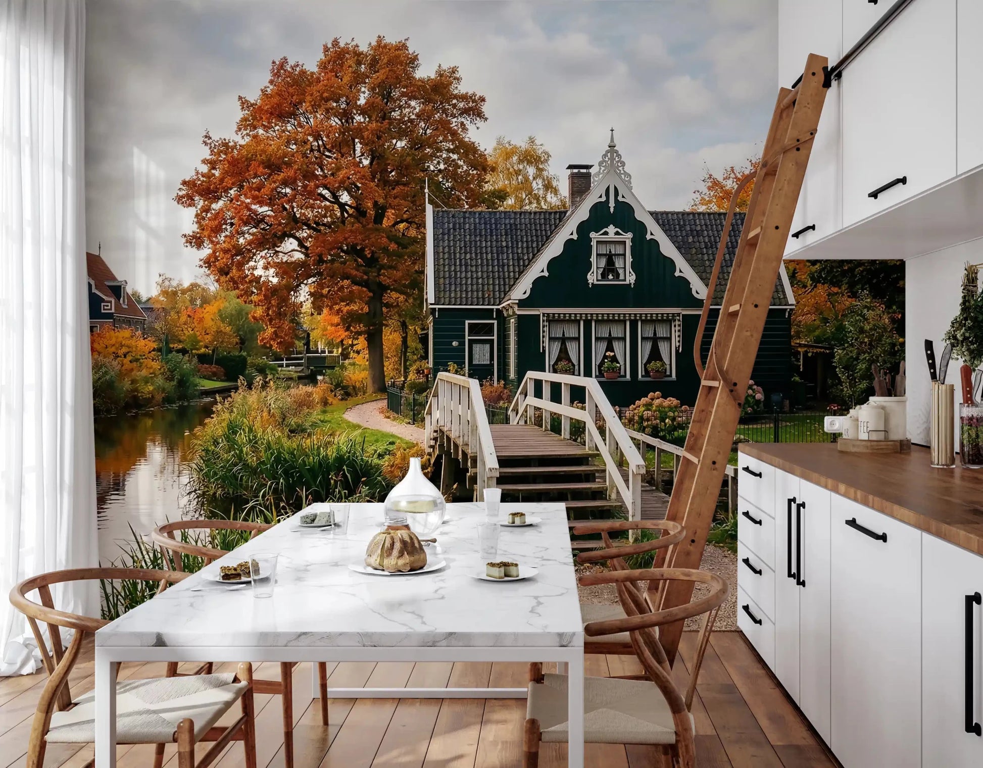 Kitchen styled in Dutch Autumn Canal Charm Wall Mural housesGD9202