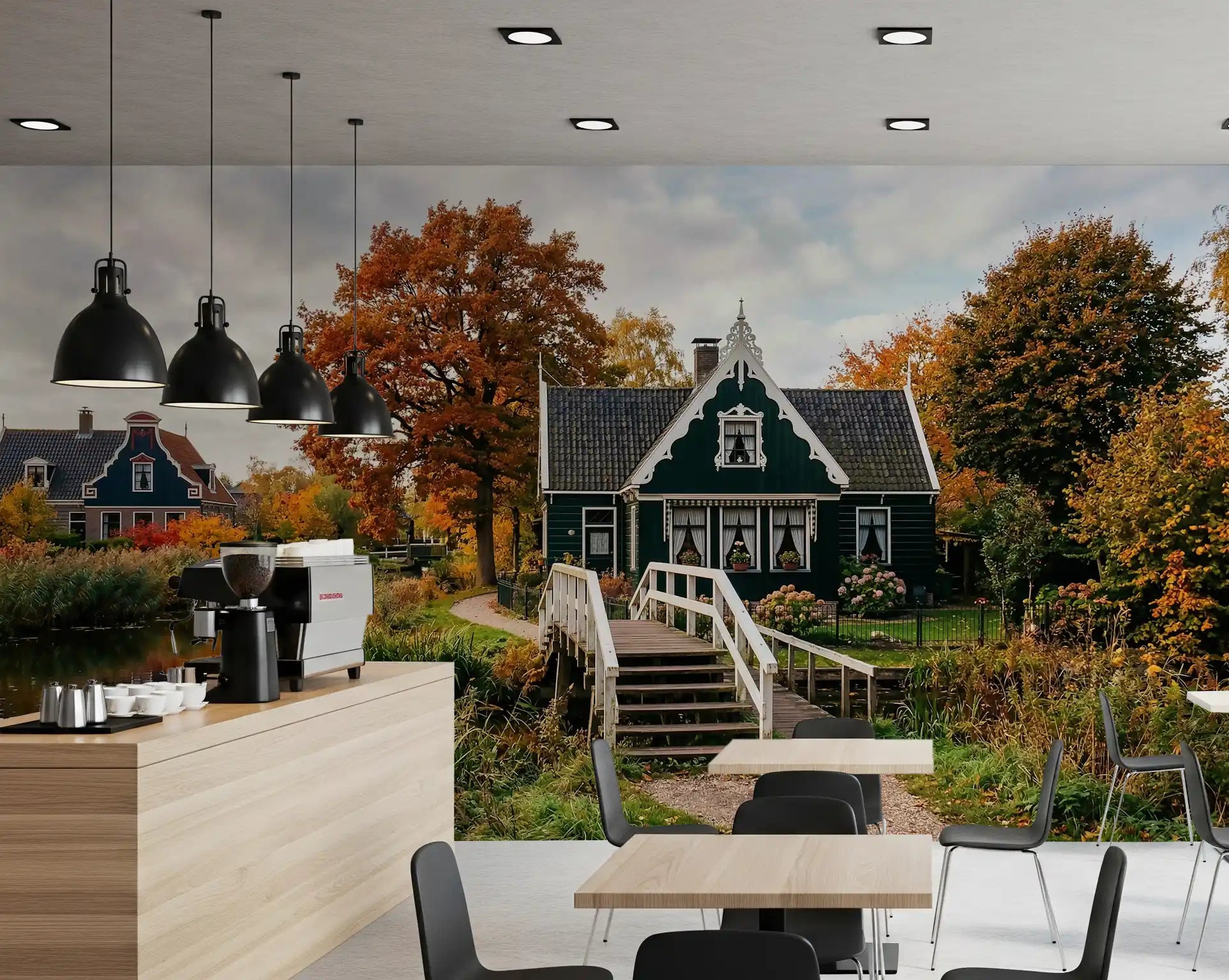 Dutch Autumn Canal Charm Wall Mural with wooden bridge viewGD9202
