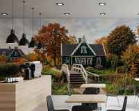 Dutch Autumn Canal Charm Wall Mural with wooden bridge viewGD9202