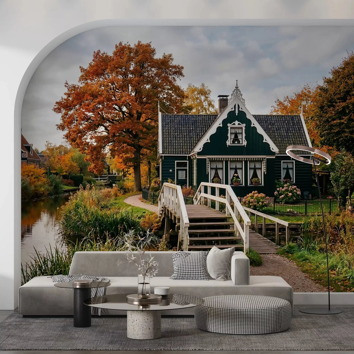 Living room with Dutch Autumn Canal Charm Wall Mural canal sceneGD9202