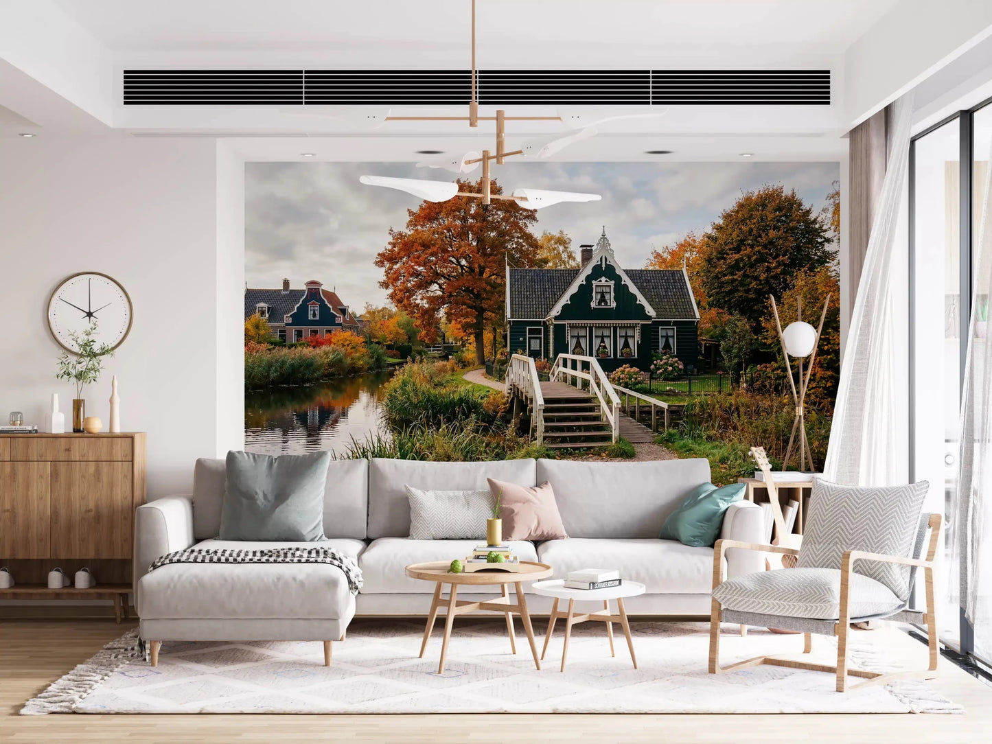Dutch Autumn Canal Charm Wall Mural with water reflectionGD9202