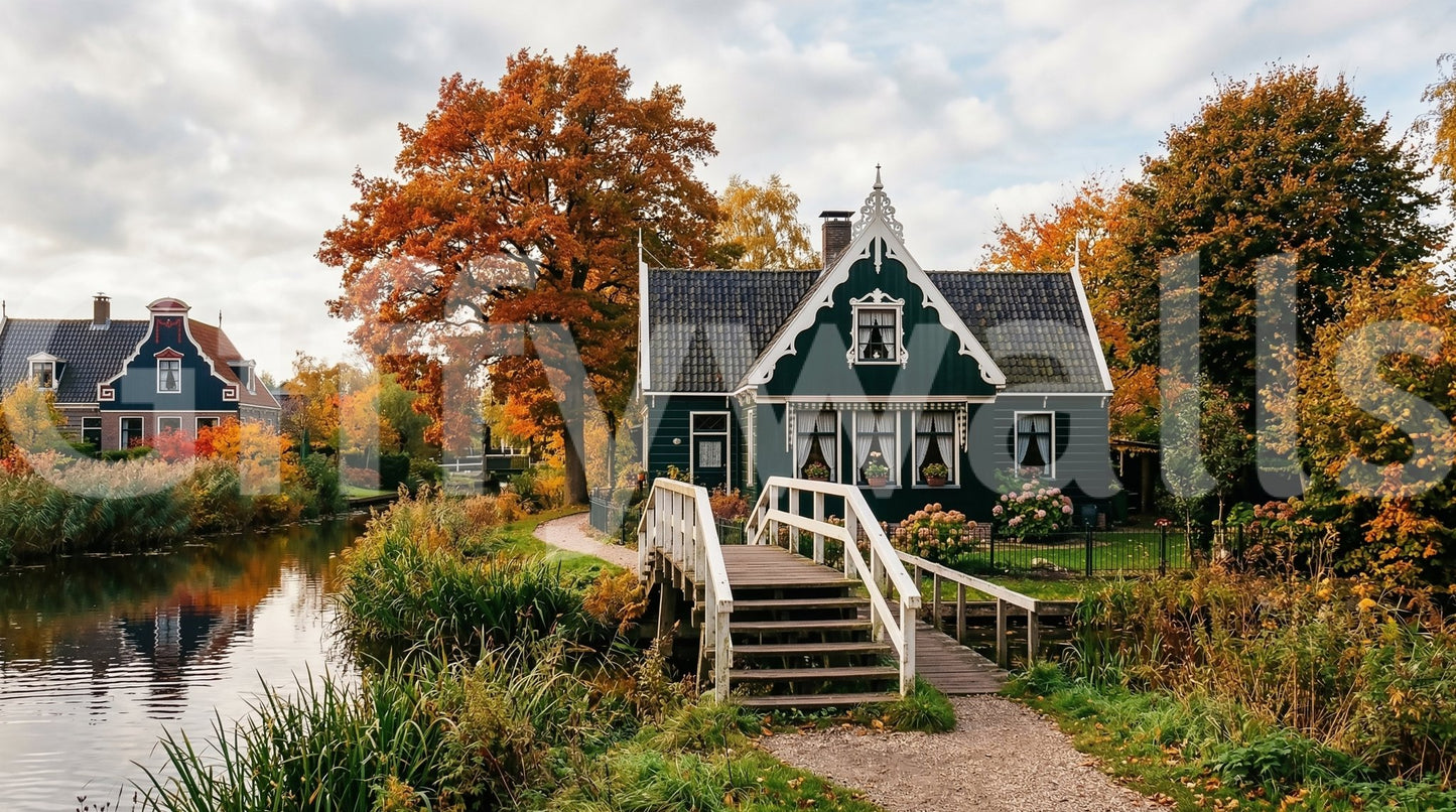 Dutch Autumn Canal Charm Wall Mural with colorful foliage, GD9202
