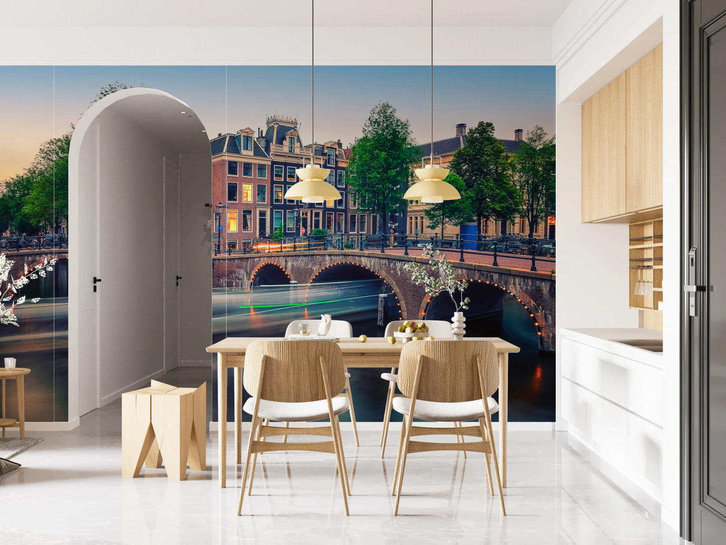 City wallpaper with Dutch canal houses for feature wall