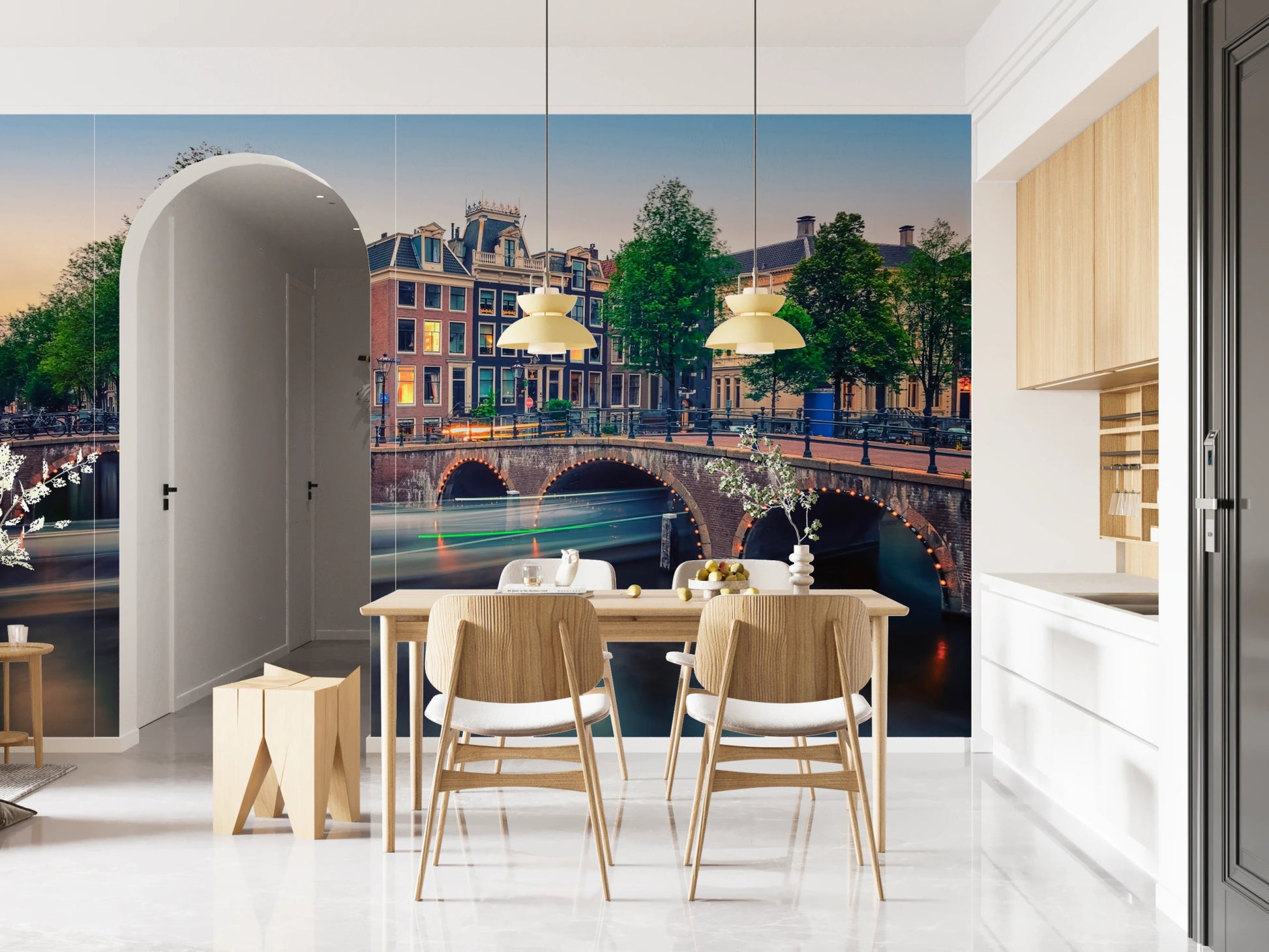 City wallpaper with Dutch canal houses for feature wall