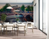 Dutch canal skyline mural for living room feature wall