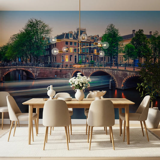 Dutch canal city wallpaper in modern living room