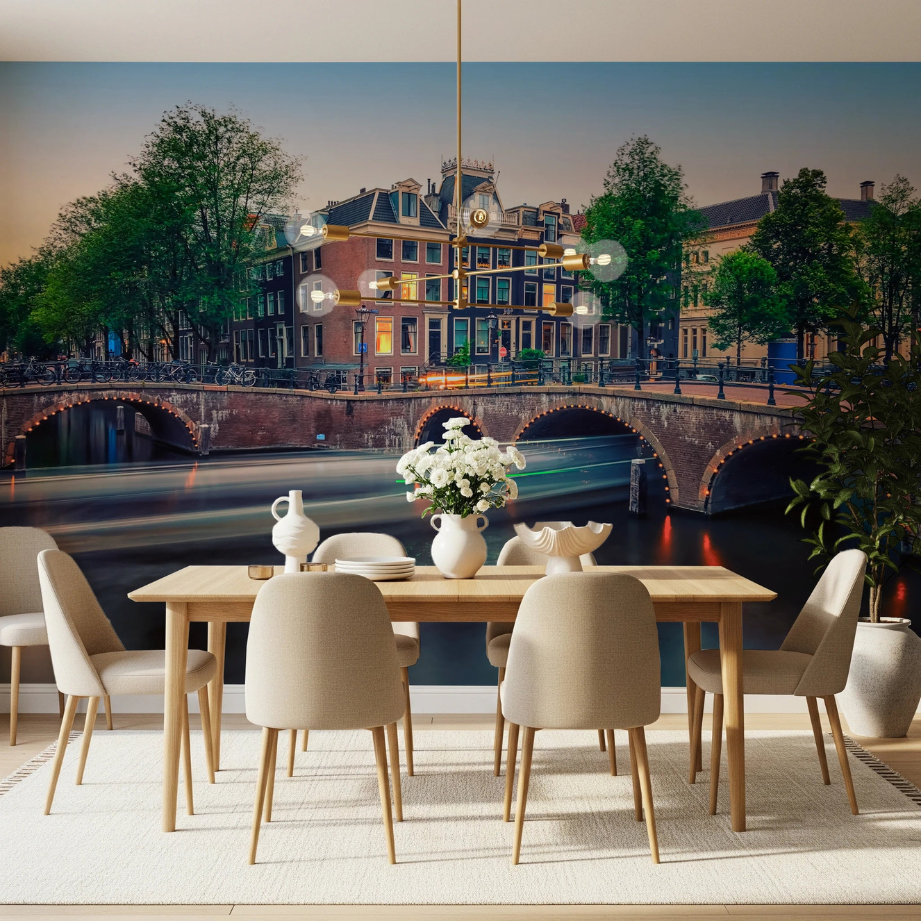 Dutch canal city wallpaper in modern living room
