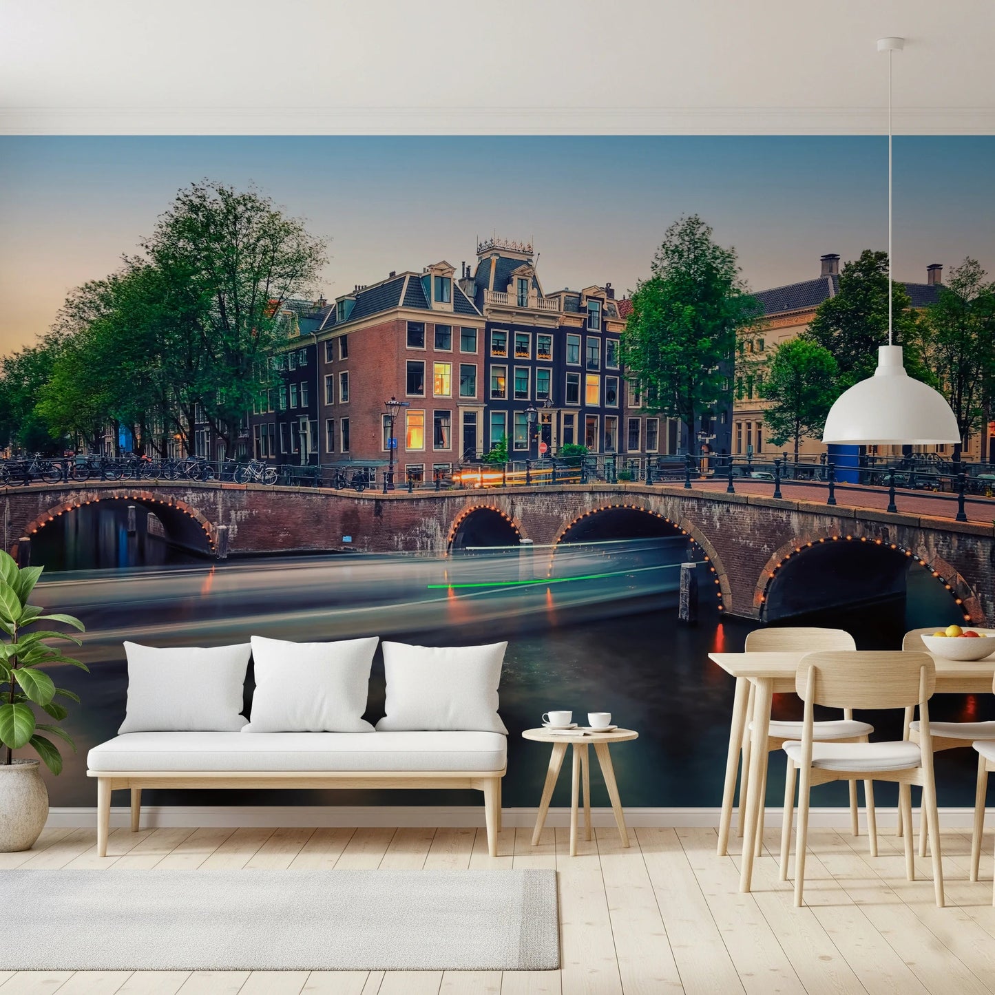 Neutral tone city wallpaper with European canal view