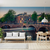 Neutral tone city wallpaper with European canal view