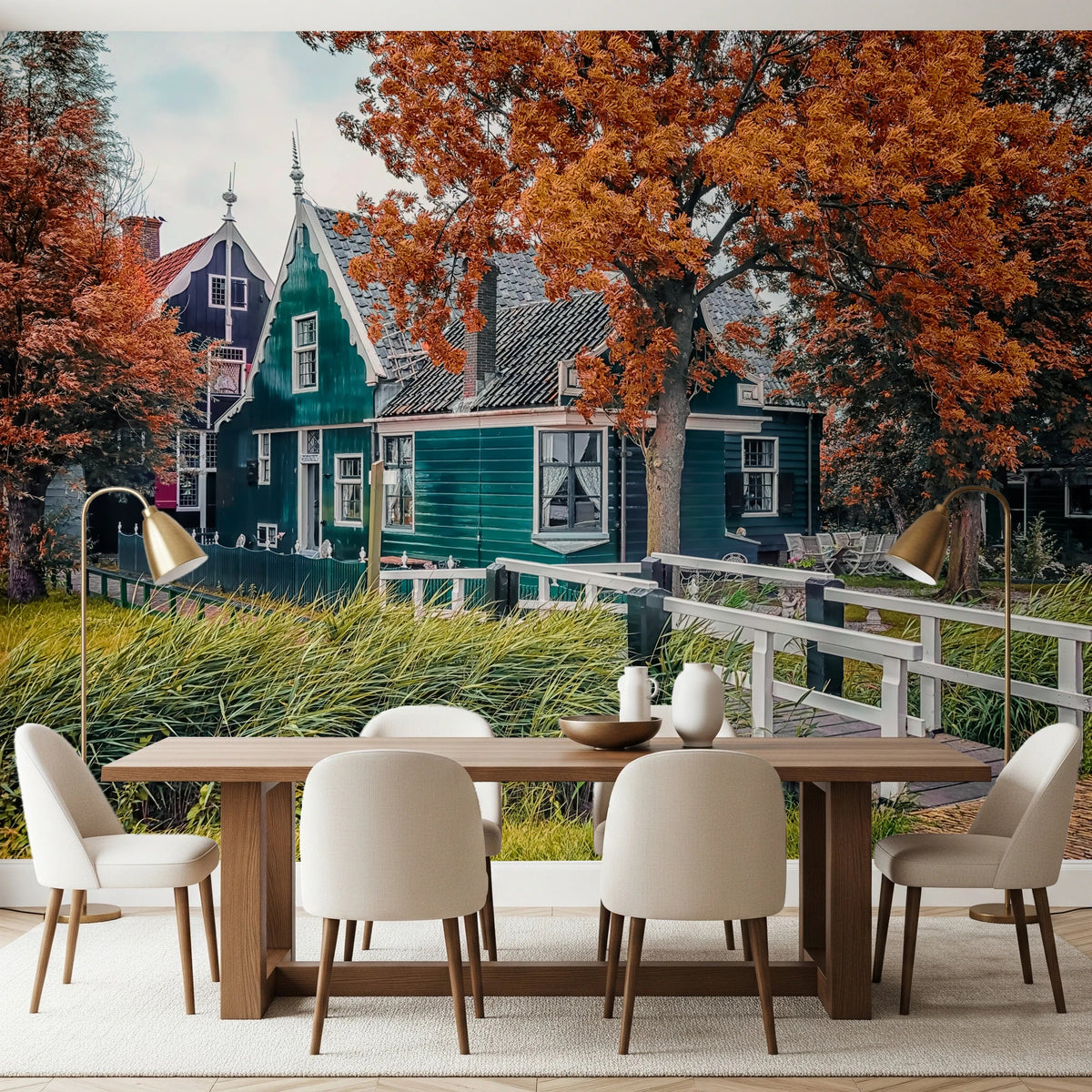 Dining room with Dutch Charm Wall Mural and autumn village houses, GD8072