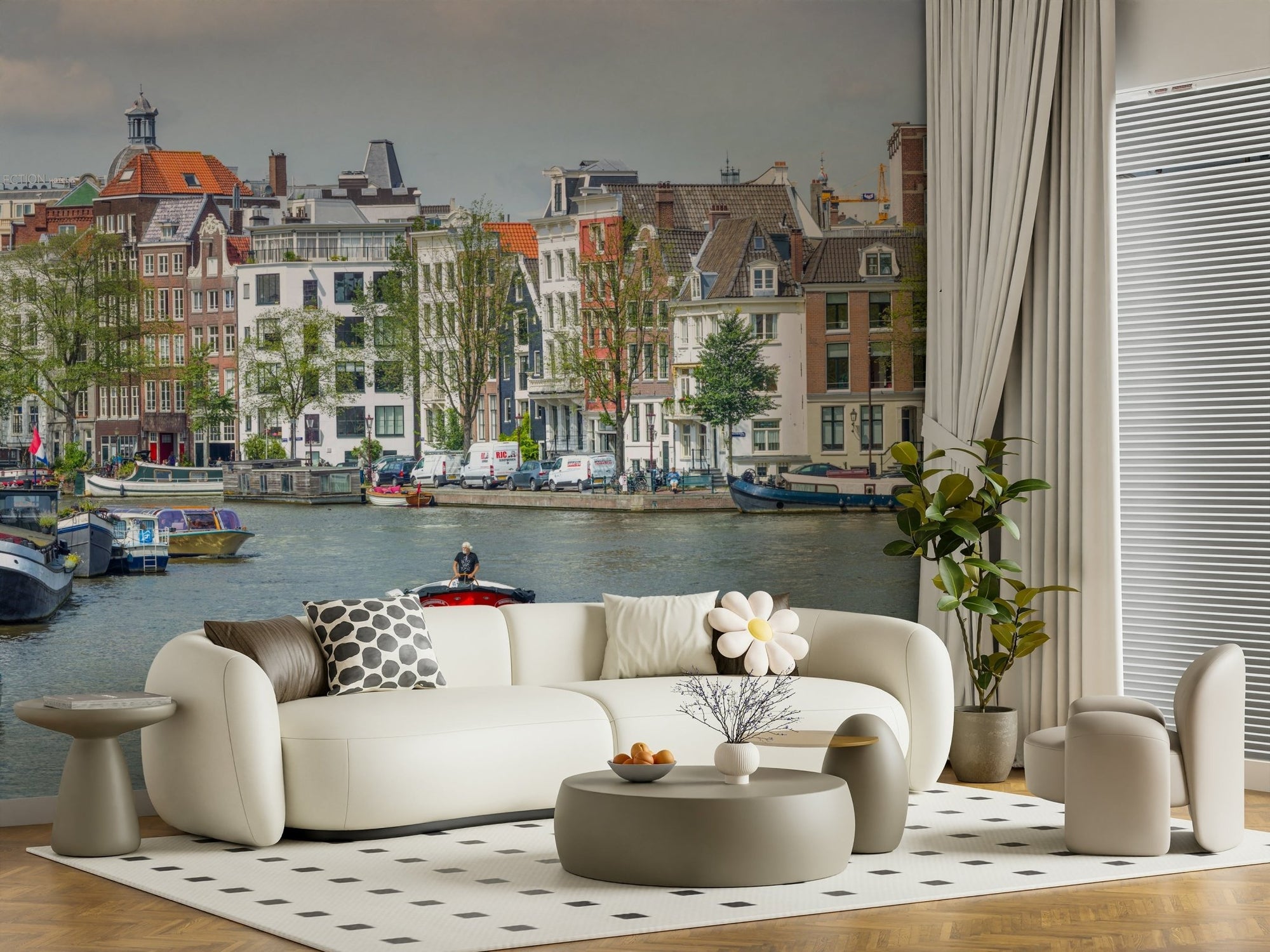Dutch Waterway Charm Wall Mural in a stylish dining area., GD6423