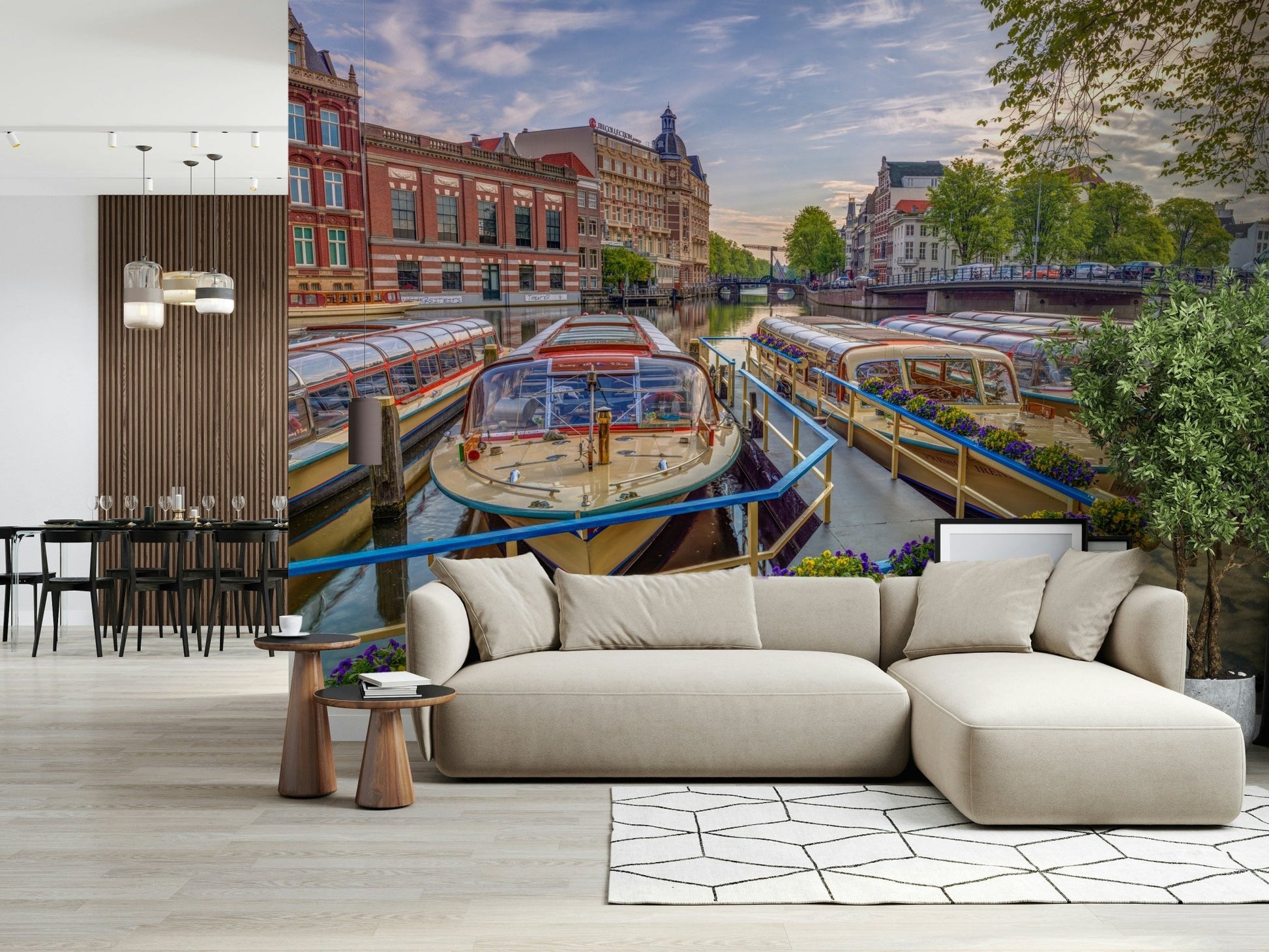 Urban waterway wall mural for a contemporary study room