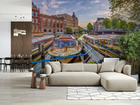 Urban waterway wall mural for a contemporary study room