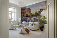 Tranquil river view wall mural in a light-filled lounge area