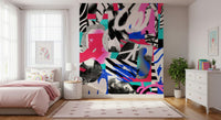 A peaceful geometric abstract mural on decorative wallpaper.