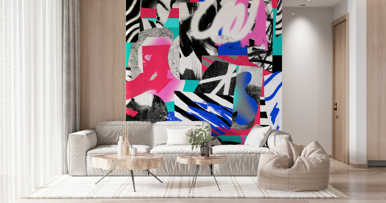 A beautiful abstract collage wallpaper mural with layered elements.
