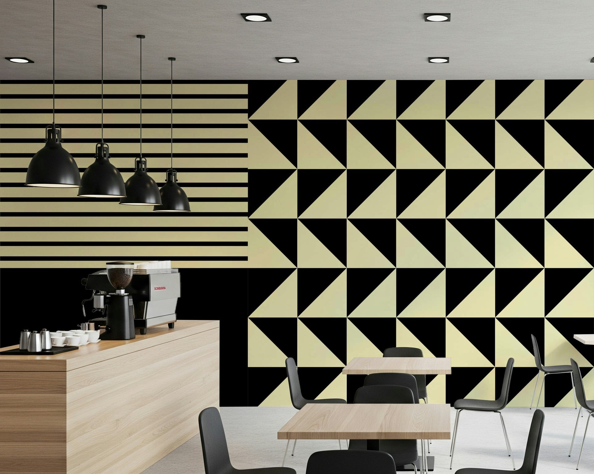 Modern living room with the Dynamic Duo Shapes geometric accent wall., GD6383