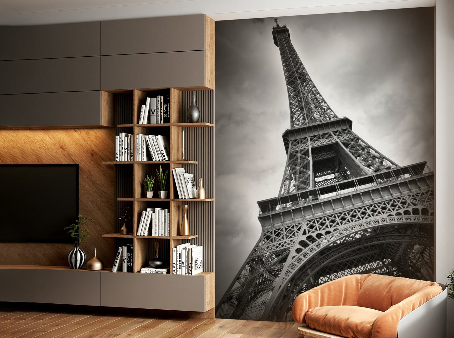 Black and white Eiffel mural with dramatic angle

