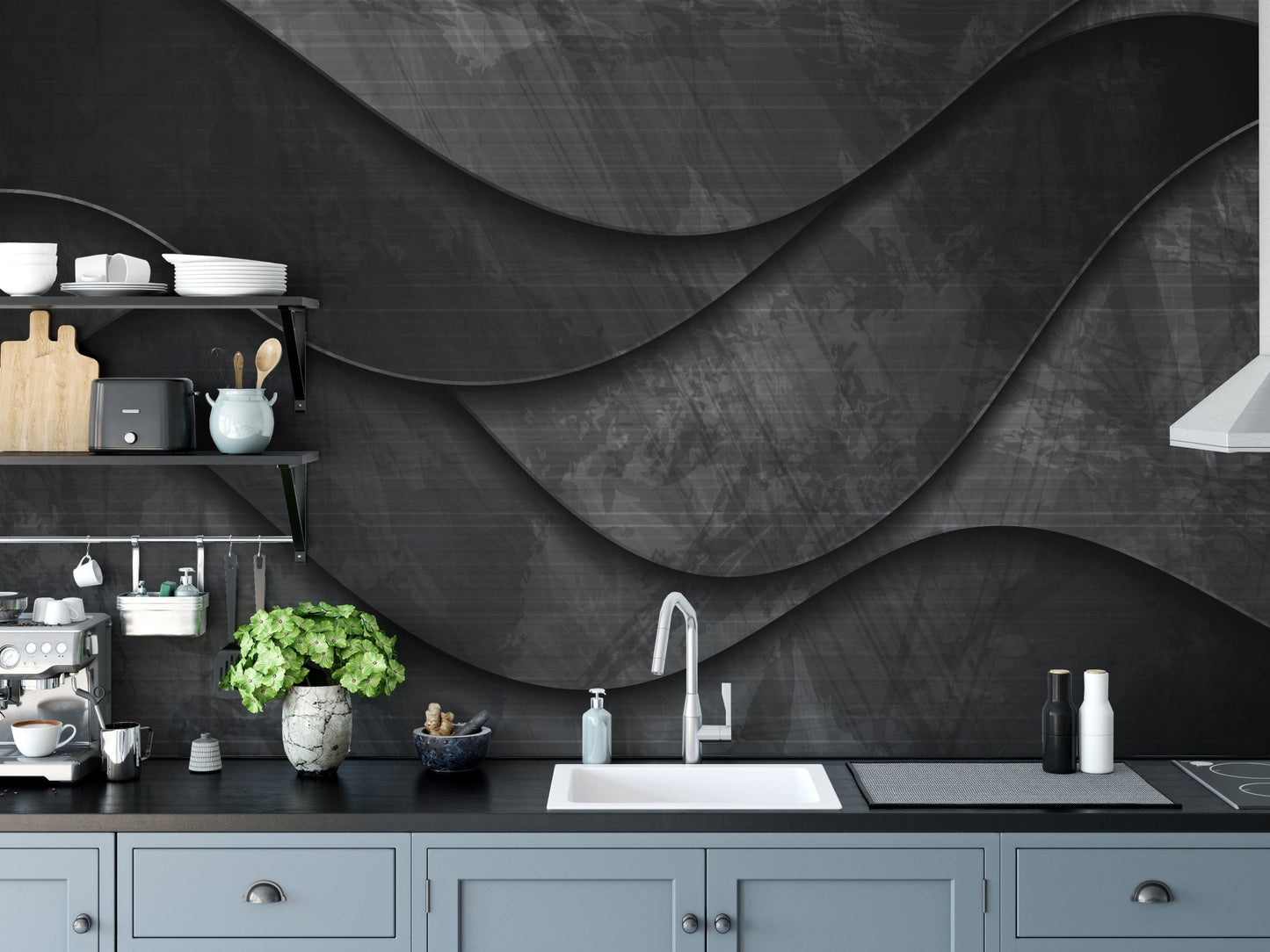 Contemporary 3D wave black mural style.