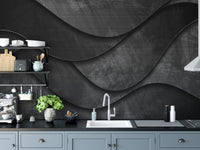 Contemporary 3D wave black mural style.