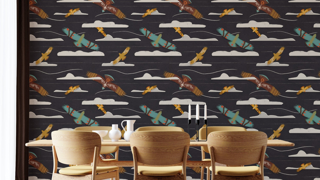 Birds of prey mural with charcoal backdrop
