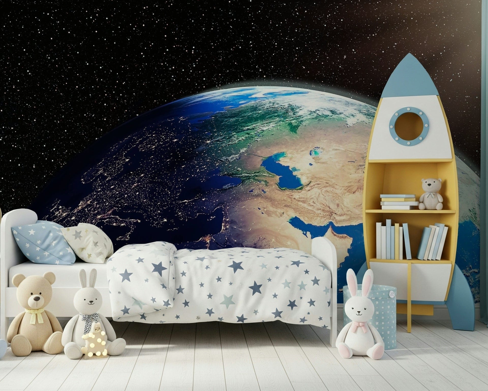 Earth from Space wall mural showing the blue planet against a starry sky GD7380