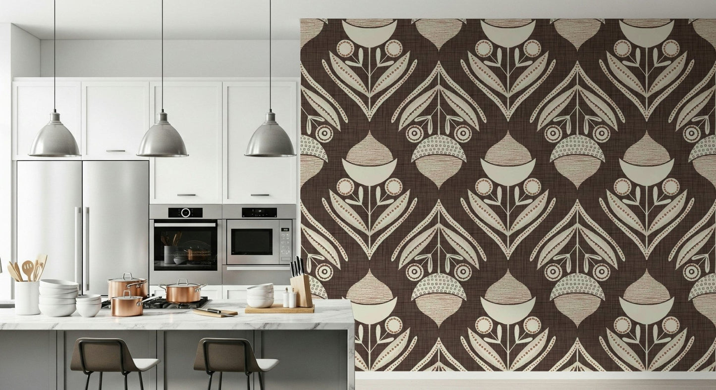 Textured dark cocoa background of Earth Tone Floral wall mural.