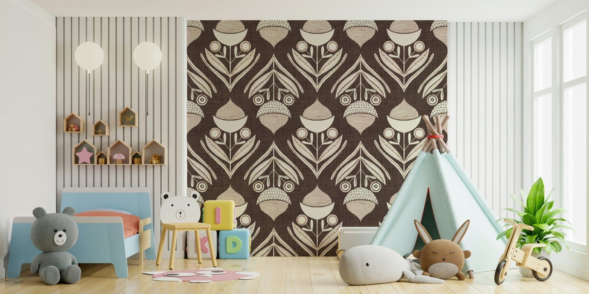 Unique patterned pistils on Earth Tone Floral Wallpaper design.