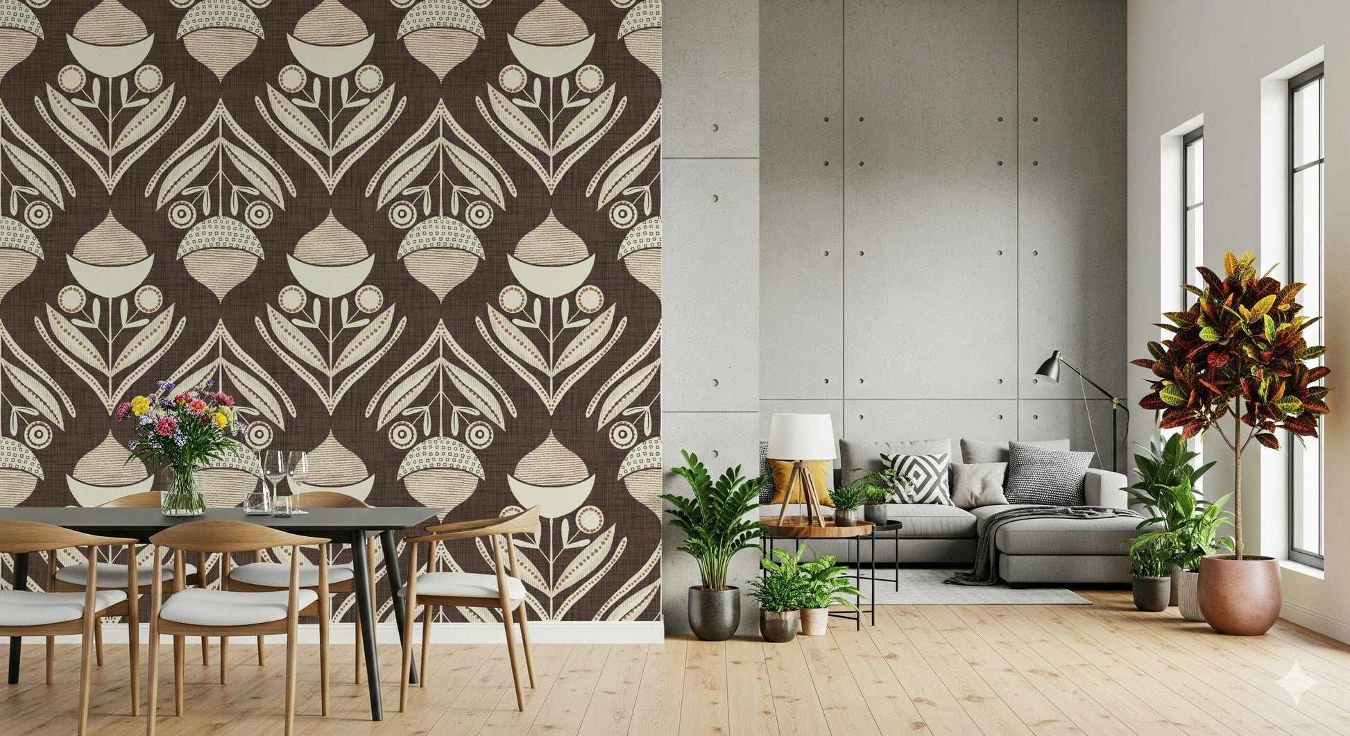 Woodsy, earthy tones in the Earth Tone Floral Wallpaper.