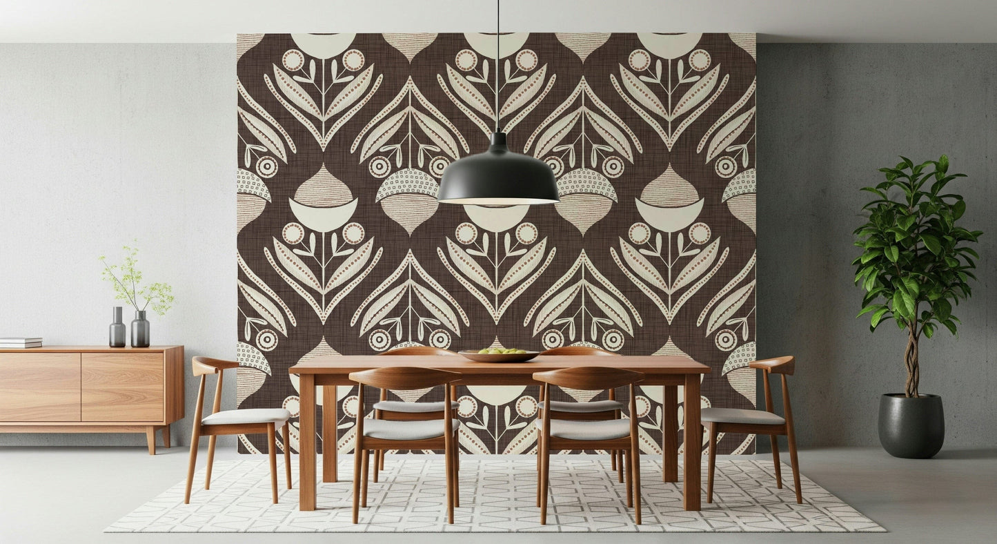 Rustic odd half-moon bloom of Earth Tone Floral wall mural.