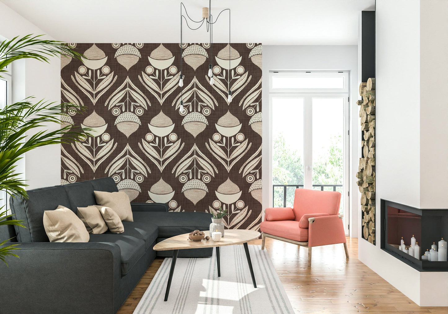 Bohemian dotted motif of Earth Tone Floral Wallpaper pattern.