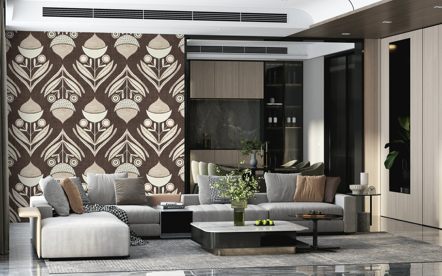 Scandi geometric flower of Earth Tone Floral wall mural.