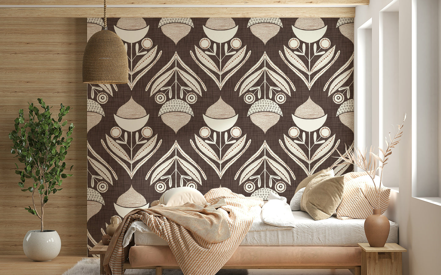 Curious vertical patterning of Earth Tone Floral Wallpaper repeat.