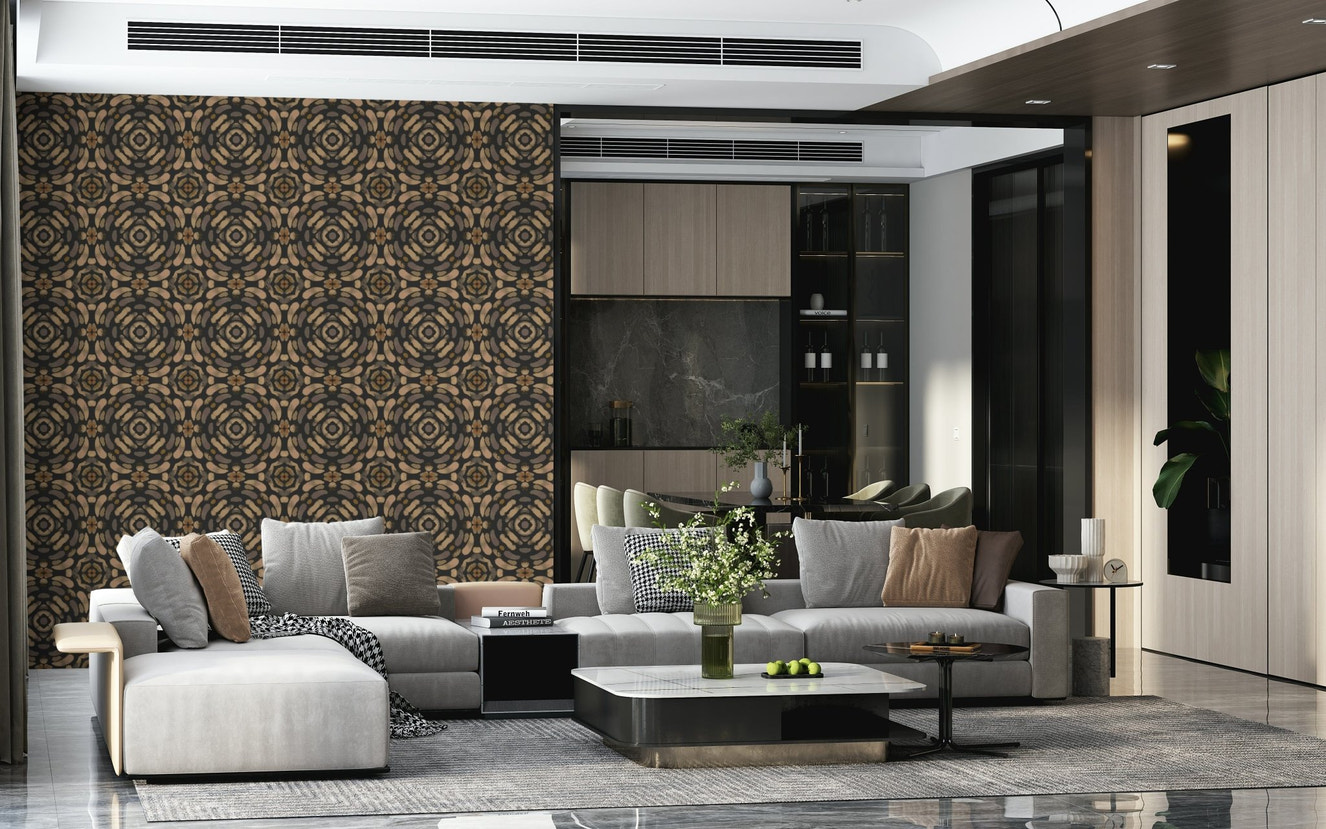 Rustic kaleidoscopic imbrication wall mural, Earth Tones.