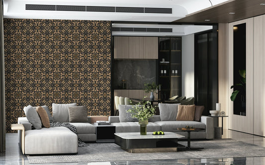 Rustic kaleidoscopic imbrication wall mural, Earth Tones.