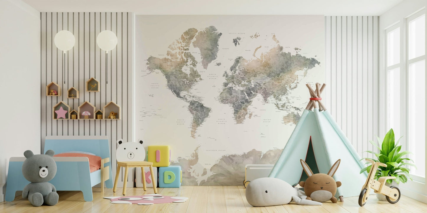 Earth tones watercolor map mural GD214

