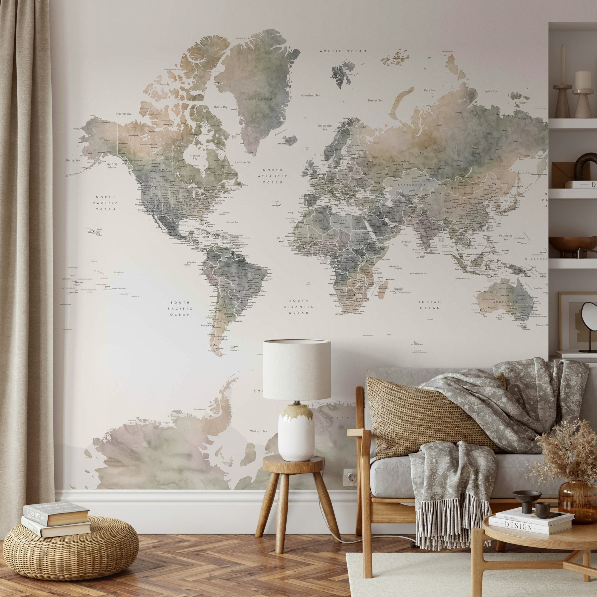 Earth tones watercolor world map wallpaper GD214


