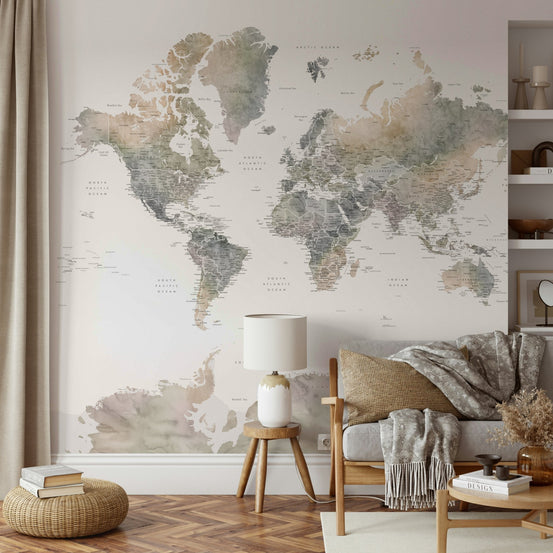 Earth tones watercolor world map wallpaper GD214


