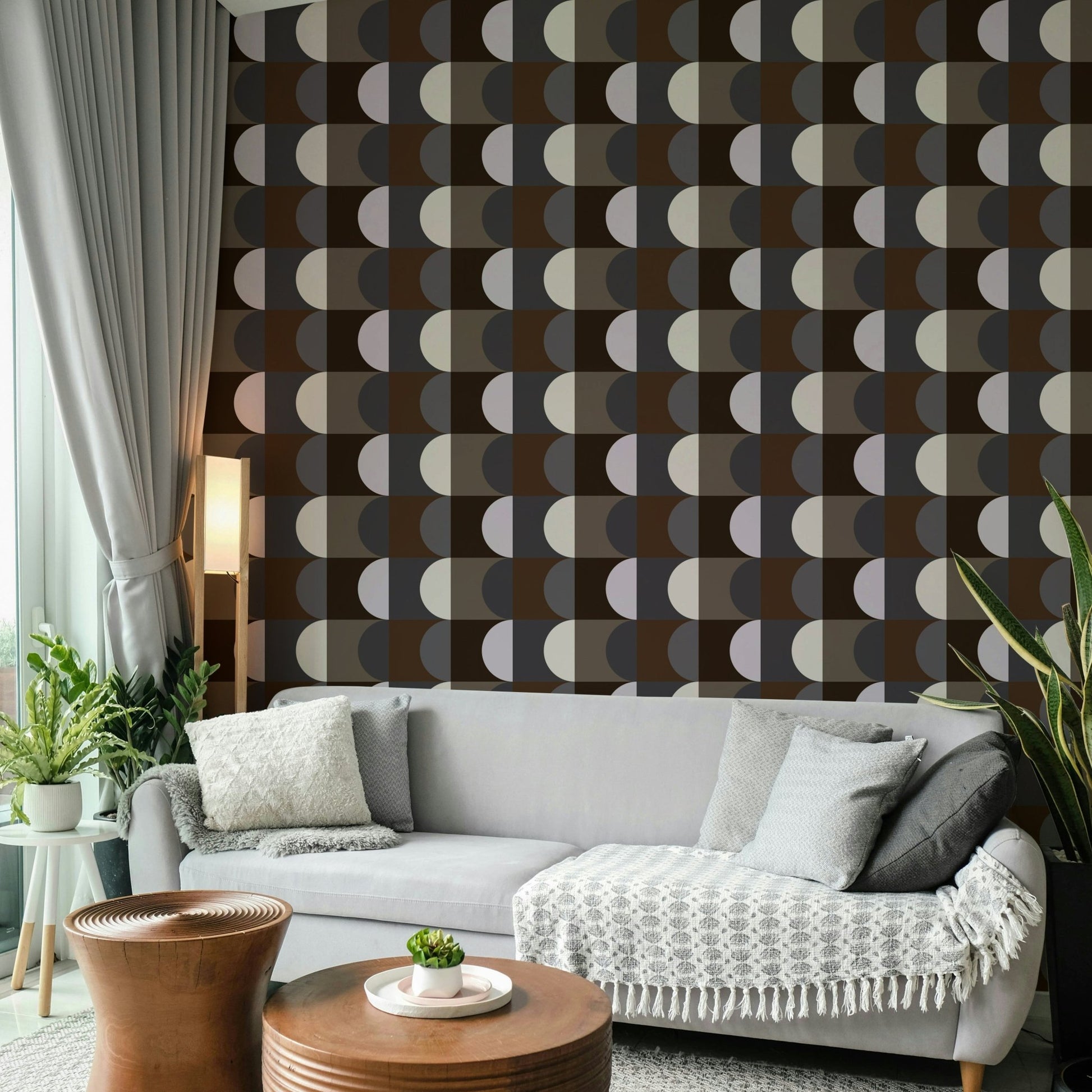 Stylish room with Earthen Echoes Wallpaper accent wall

