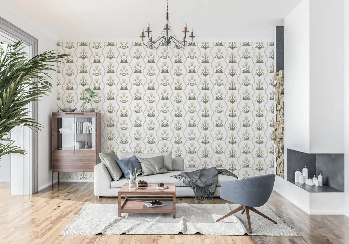 Folk-inspired tulip wallpaper runs along a modern lounge areaGD9511