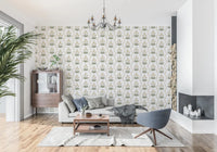 Folk-inspired tulip wallpaper runs along a modern lounge areaGD9511