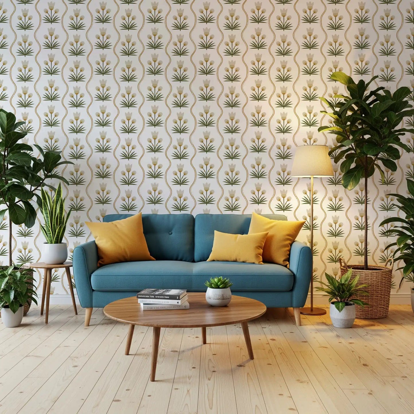 Upright blossoms and ochre buds anchor the Earthen Floral Grace wallpaperGD9511
