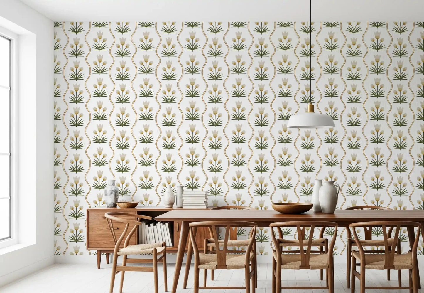 Cream tulips and gold ribbons repeat across this white floral wallpaper
GD9511