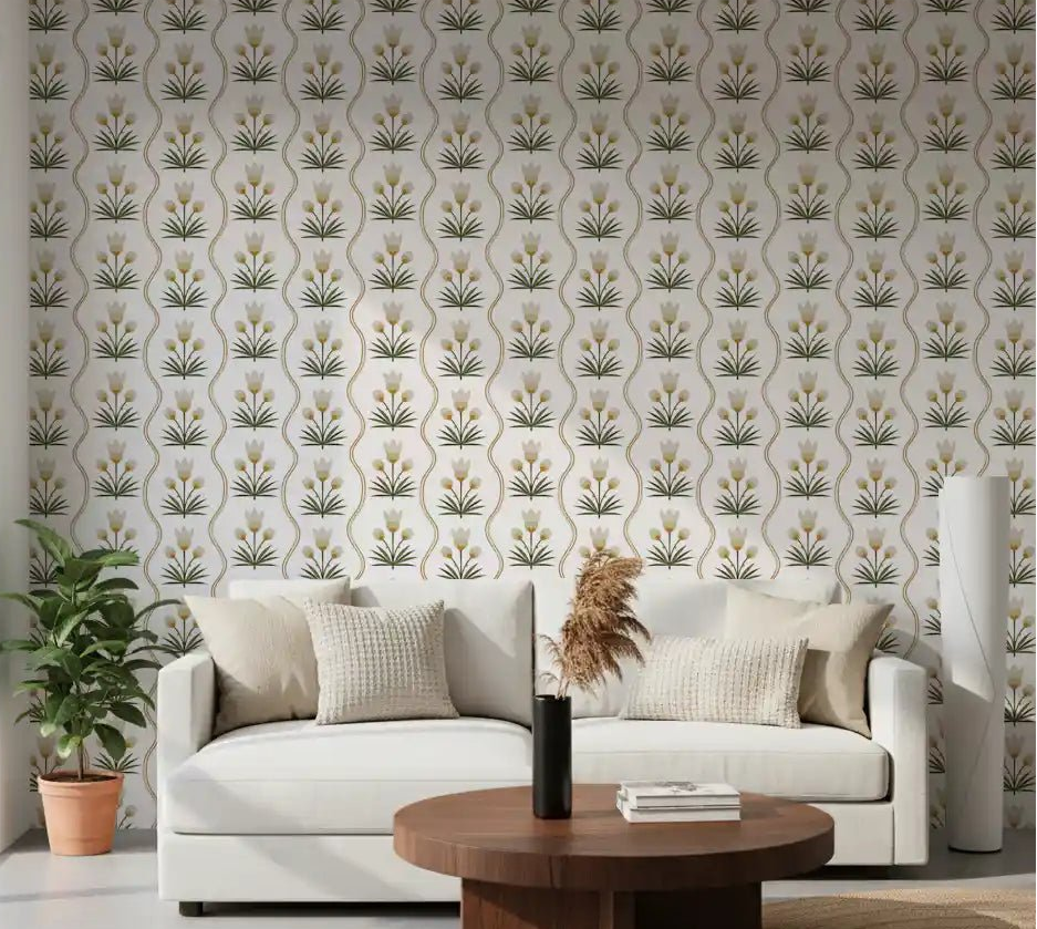 Cream tulip wallpaper anchoring a calm white living room 
⁠GD9511