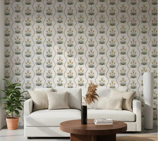 Cream tulip wallpaper anchoring a calm white living room 
⁠GD9511